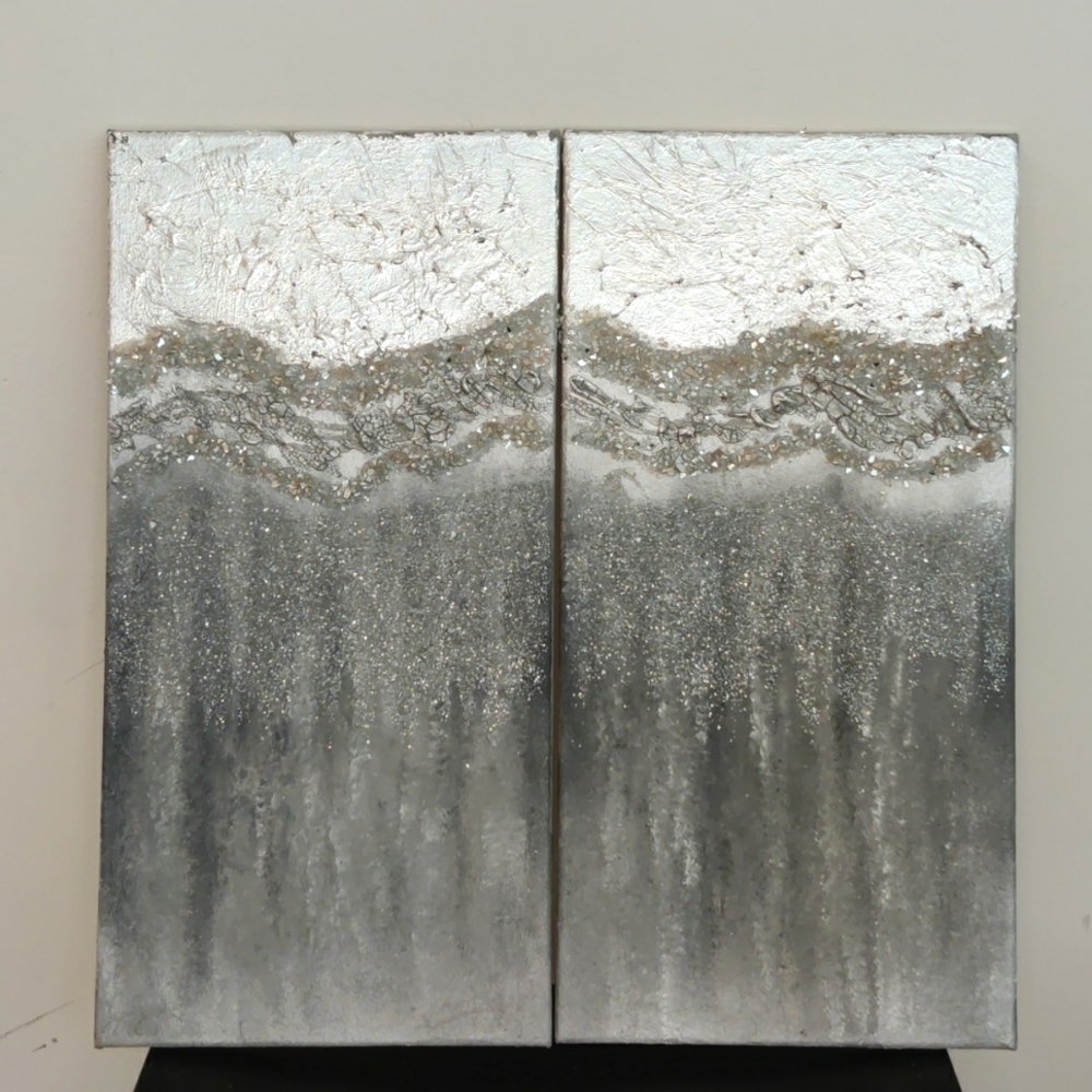 Original 2 Crystals and Silver Leaf Abstract Acrylic Paintings